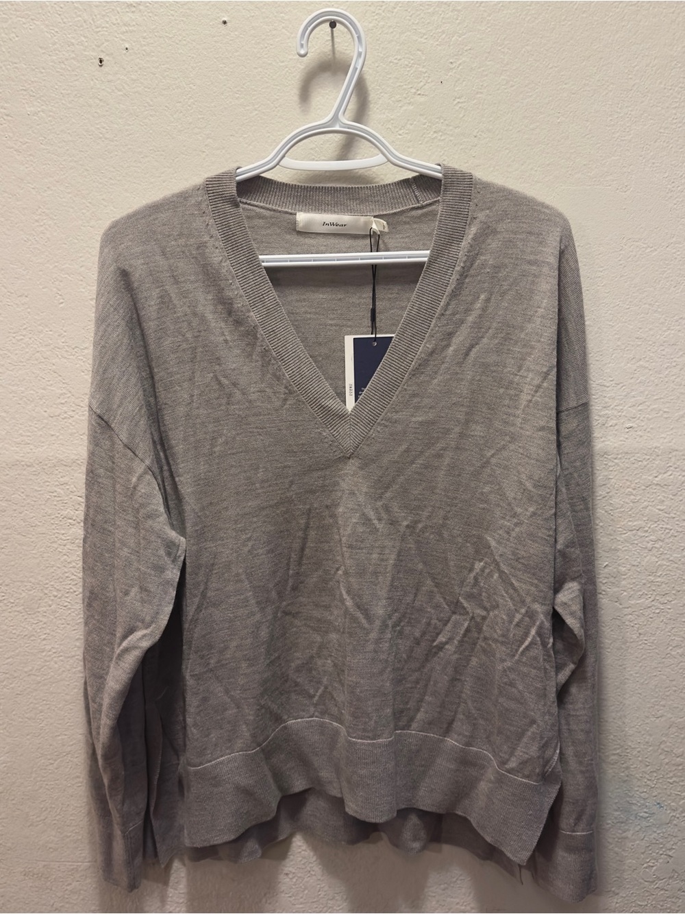 Wool V-Neck Sweater in Light Gray